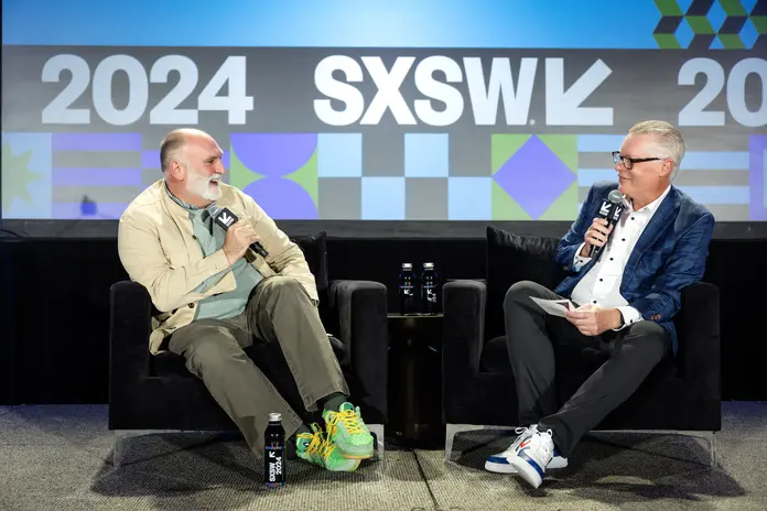 Ed Bastian, Delta Air Lines CEO, interviews chef and humanitarian José Andrés during the second half of the&nbsp;SXSW Featured Session: "People First, Always: How to Put Values at the Heart of your Business"&nbsp;on March 10, 2024.&nbsp;