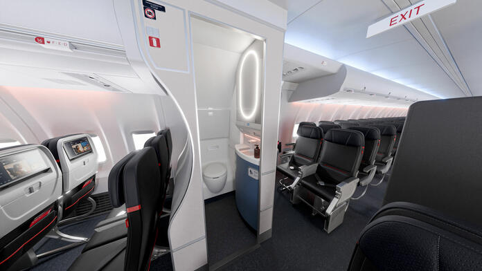 During Delta's cabin refresh, lavatories will also be refreshed with bright walls and an accent wall opposite the mirror in the Celestial Sky pattern. Cabinets in the lavatories will be in a fresh and modern Azure Blue color. The flooring is made from a smooth material with specks of color, ensuring improved cleanliness and safe traction.&nbsp;