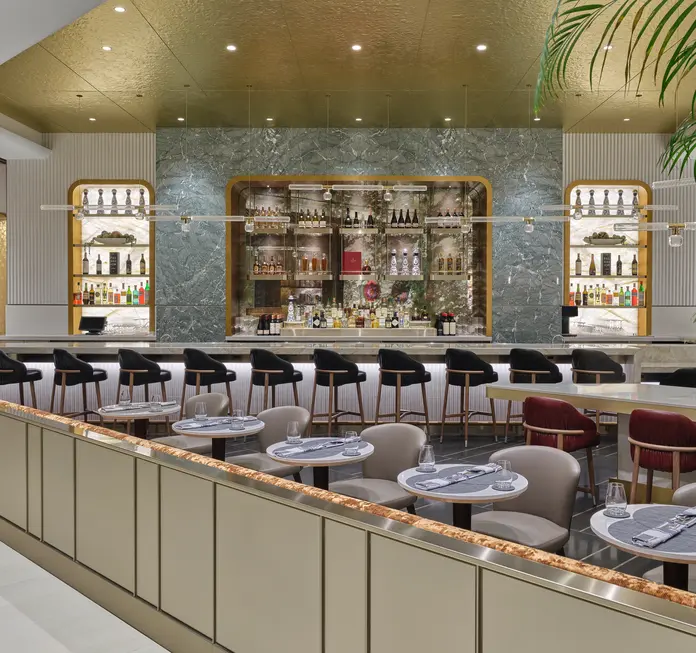 Inspired by both the natural and manmade beauty of Los Angeles, the LAX Delta One Lounge color palette evokes the landscape of Southern California. 