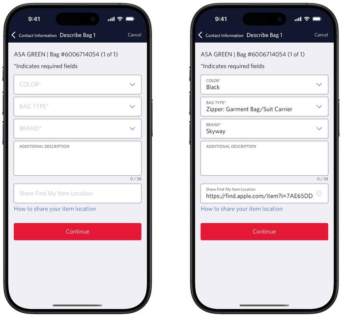 iPhone screens showing fields to generate a Share Item Location link