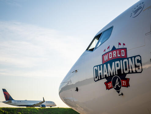 Delta's "World Champions" plane honoring the Atlanta Braves.