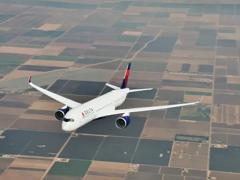 An A350 in flight.