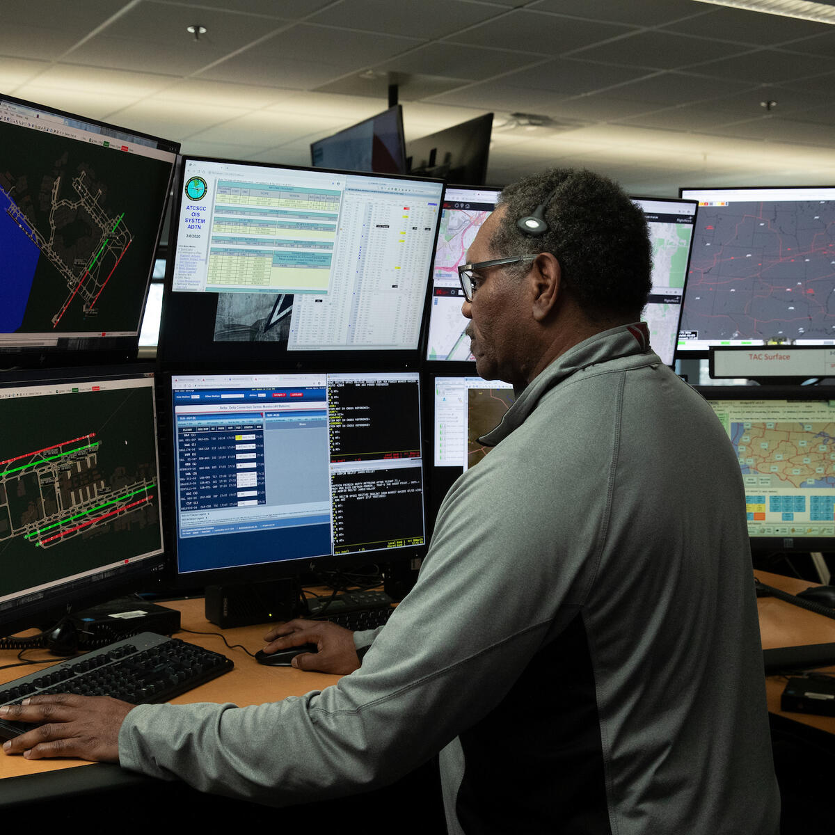 Delta manager viewing multiple screen at Delta Operations Control Center