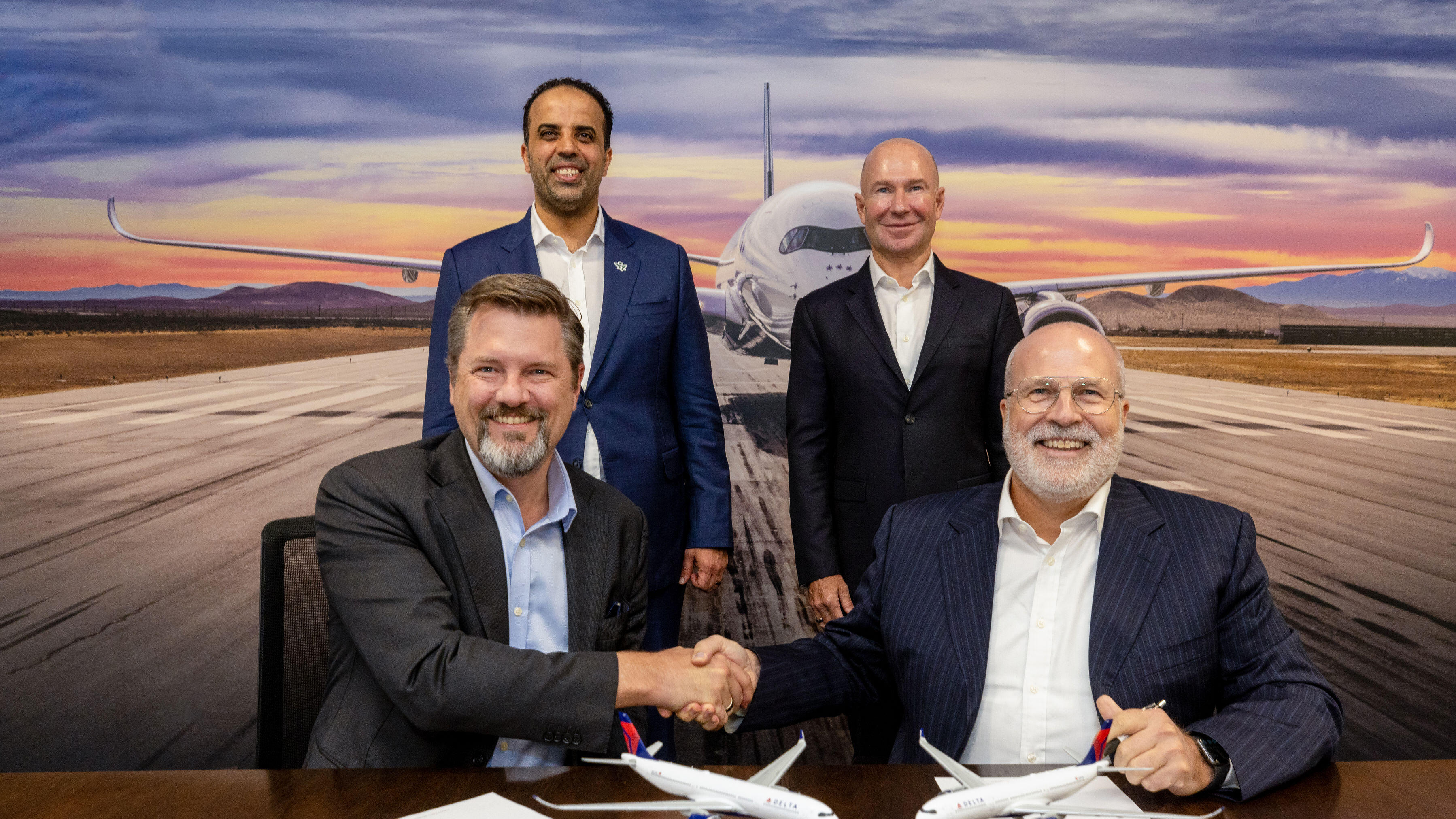 Delta and Saudia leaders during the signing ceremony for their strategic partnership. Back row, from left to right: Ibrahim Al-Omar, Director General (Saudia Group); Alain Bellemare, E.V.P. and President - International (Delta). Front row, from left to right: Arved Von Zur Muehlen, Chief Commercial Officer (Saudia); Perry Cantarutti, S.V.P. - Alliances & International (Delta).