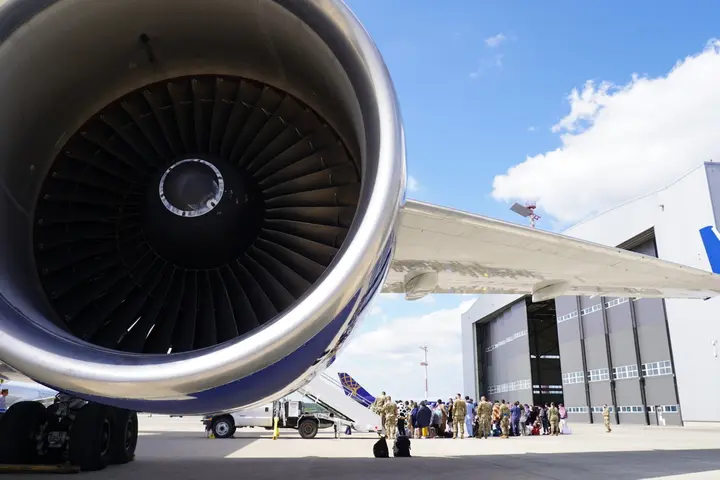 Passengers board a flight at Ramstein Air Base.
