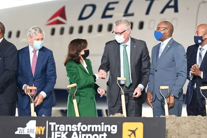 Ed Bastian joins New York officials at JFK.