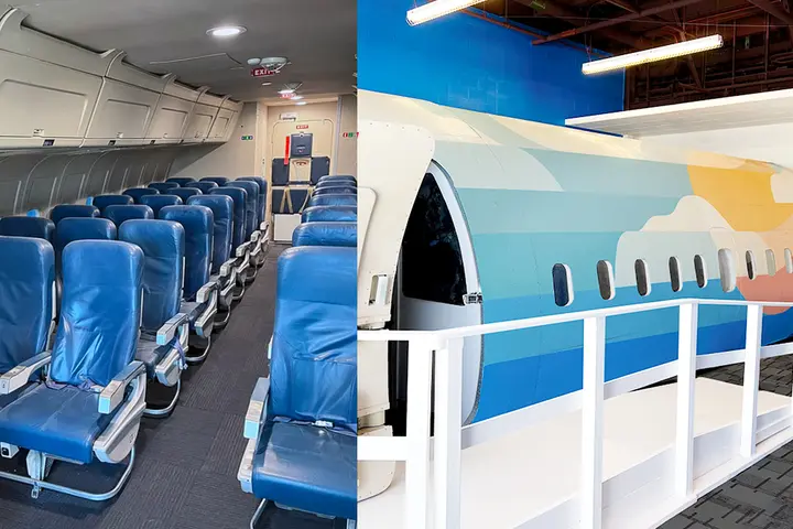 The new space includes a permanently installed 33-foot-long mock aircraft cabin and 42 aircraft seats, donated by Delta, thanks to the innovative thinking of Delta First Officer Richard Kargel.