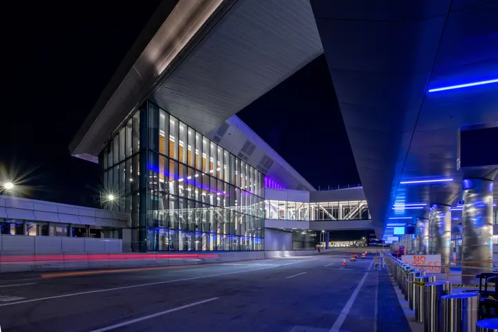Delta's new Terminal C at LGA, exterior view at night