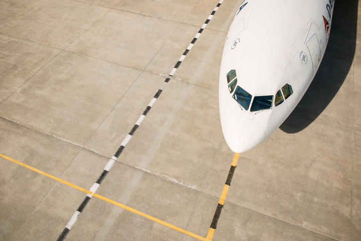 Overhead shot of an A330-300 nose