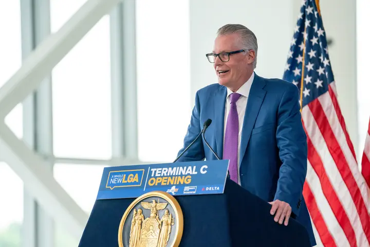 Delta CEO Ed Bastian speaking at the opening of the new Delta terminal at LaGuardia