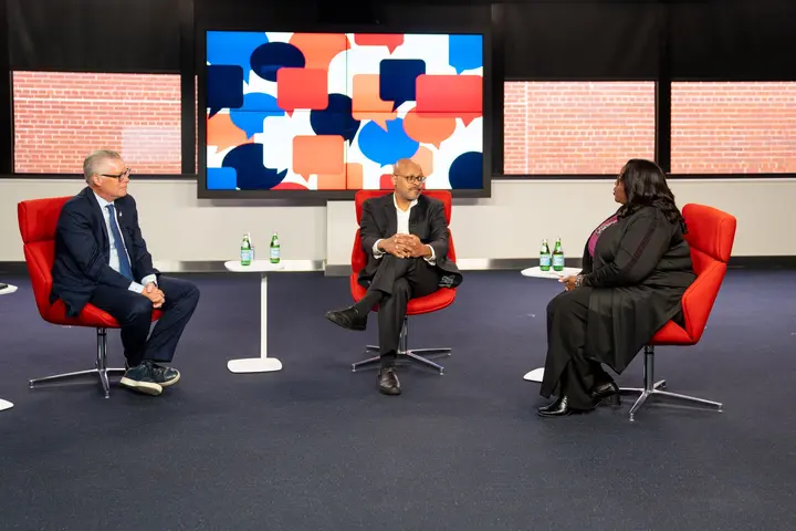 CEO Ed Bastian participates in a town hall at Delta's Atlanta headquarters.