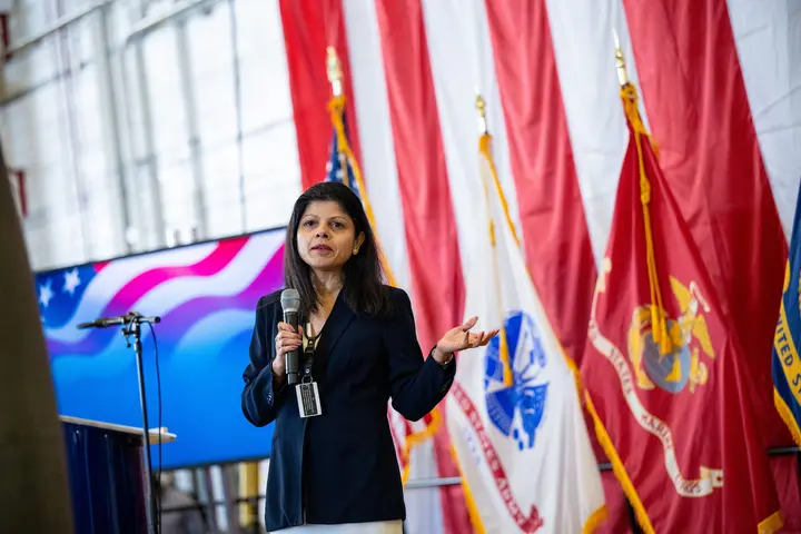 Penny Jacob, V.P. Commercial – DTSG, kicking off the 18th year Delta TechOps is responsible for assembling bikes and collecting gifts for Toys for Tots.