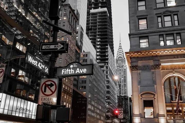 The intersection of W. 42nd Street and 5th Avenue in New York City.