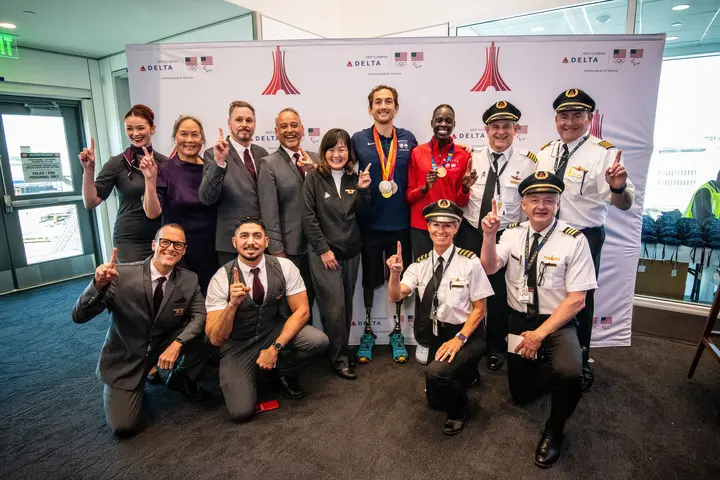 Delta people, customers and friends celebrate the departure of Delta Flight 290 from Los Angeles International Airport (LAX) to Paris Charles de Gaulle Airport (CDG).