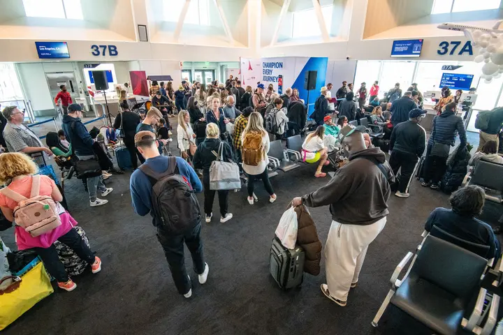 Delta people, customers and friends celebrate the departure of Delta Flight 290 from Los Angeles International Airport (LAX) to Paris Charles de Gaulle Airport (CDG).