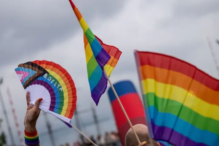 Pride flags with the Delta logo flown at the Amsterdam Canal Parade