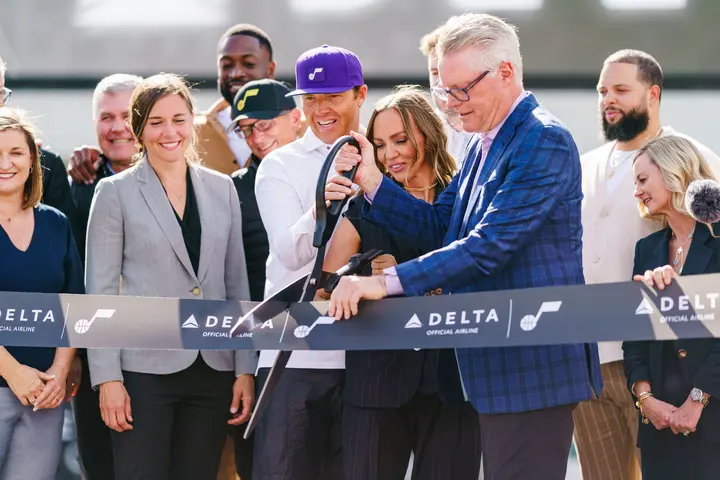 Delta and the Utah Jazz commemorated the official return of the Delta Center to Salt Lake City with a festive ribbon cutting ceremony and press conference on Thursday, Oct. 26, 2023. 
