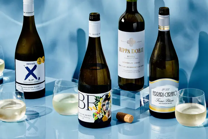 A lineup of some of the white wines chosen as part of Delta's 2023 wine program revamp.