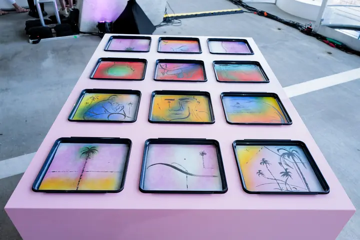 Derek Abella's artwork on display in Delta's Open Air Gallery at Miami Art Week.