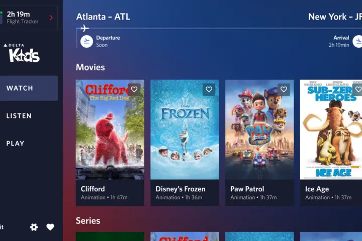 A screen shows the new Delta Sync Kids Experience on seatback entertainment.