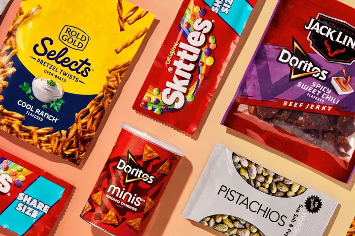 A flatlay of snacks available for purchase on board Delta flights