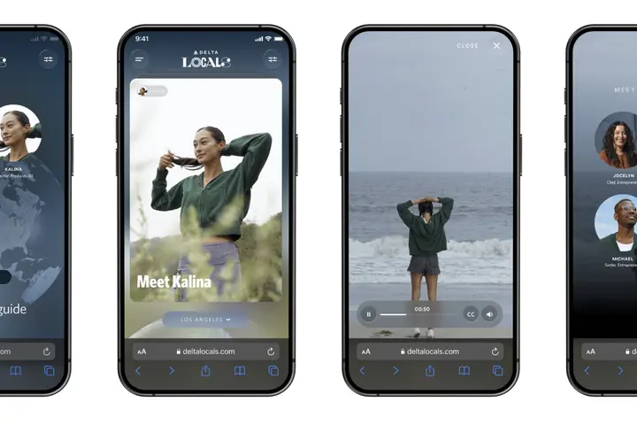 A set of four screenshots show how the Delta Locals platform will appear on mobile screens.