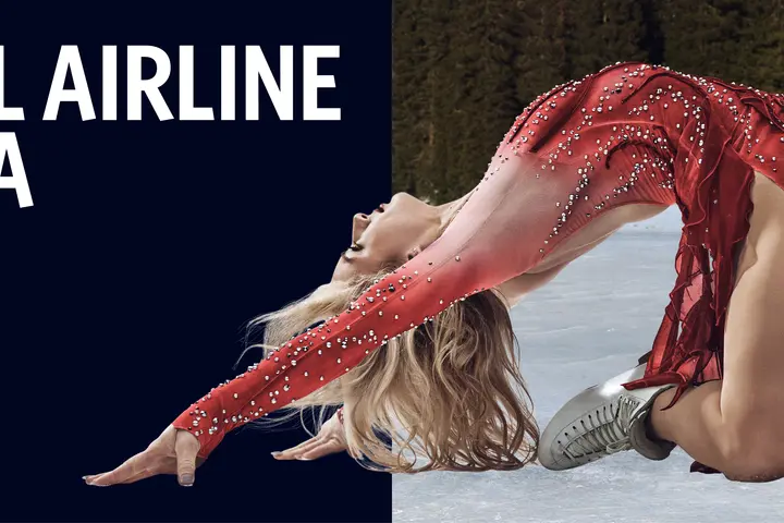 Promotional graphic with text reading ‘The Official Airline of Team USA’ and ‘Amber Glenn – Figure Skating,’ along with Delta, Olympic and Paralympic logos. On the right, figure skater in red costume performs deep backbend pose on an outdoor ice rink