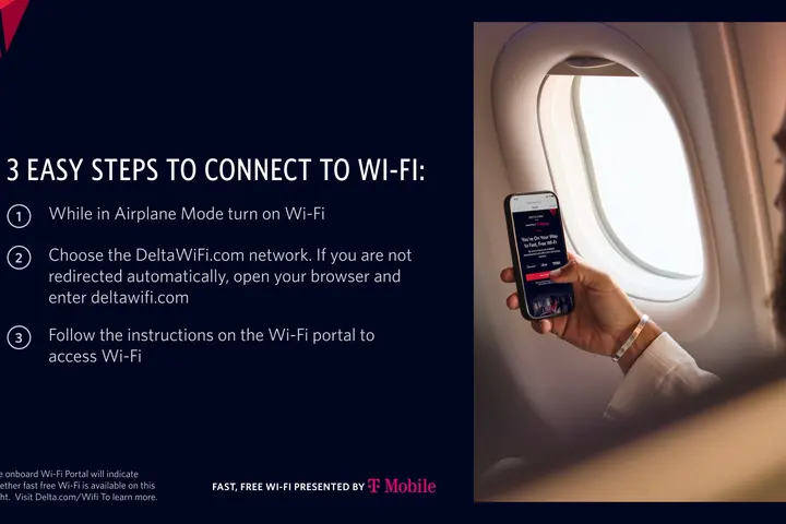 Graphic showing “3 Easy Steps to Connect to Wi‑Fi” alongside a photo of a passenger using a laptop and headphones in an airplane seat, with seatback screens visible.