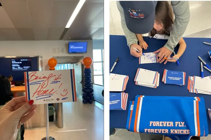 Split image: left shows a hand holding a “Bring It Home” Delta/Knicks postcard at an airport gate with orange and blue decorations; right shows people writing messages on similar postcards at a table with stacks of cards and blue towels reading “Forever Fly, Forever Knicks.” 