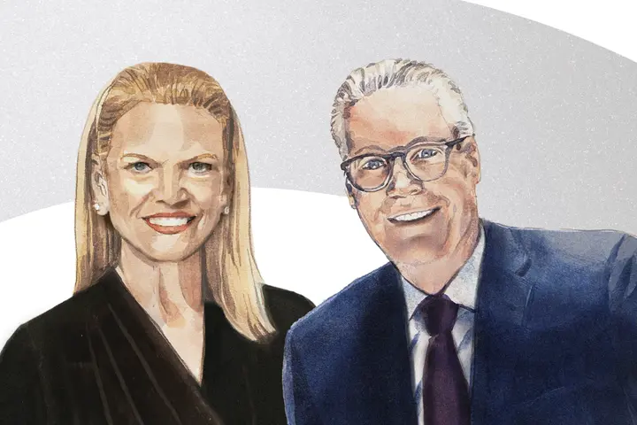 A sketch of Delta CEO Ed Bastian and former Chairman and CEO of IBM Ginni Rometty