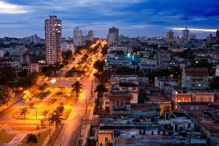 View of the Havana skyline at night.