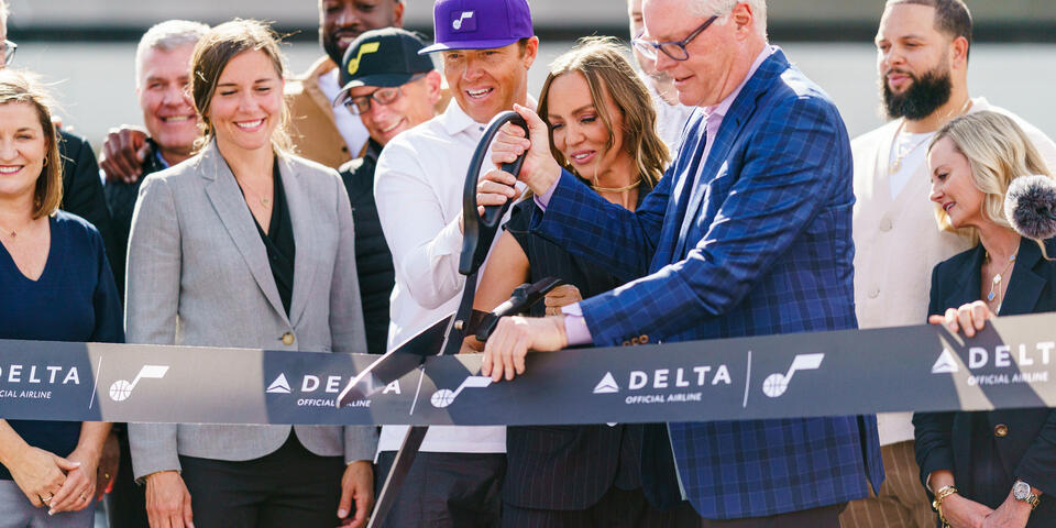 Delta and the Utah Jazz commemorated the official return of the Delta Center to Salt Lake City with a festive ribbon cutting ceremony and press conference on Thursday, Oct. 26, 2023. 