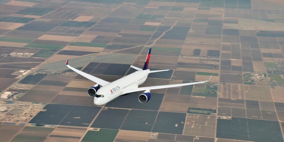 An A350 in flight.