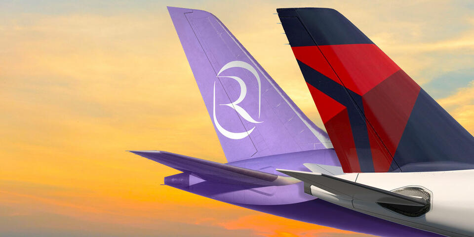 Delta Air Lines and Riyadh Air plane tails.