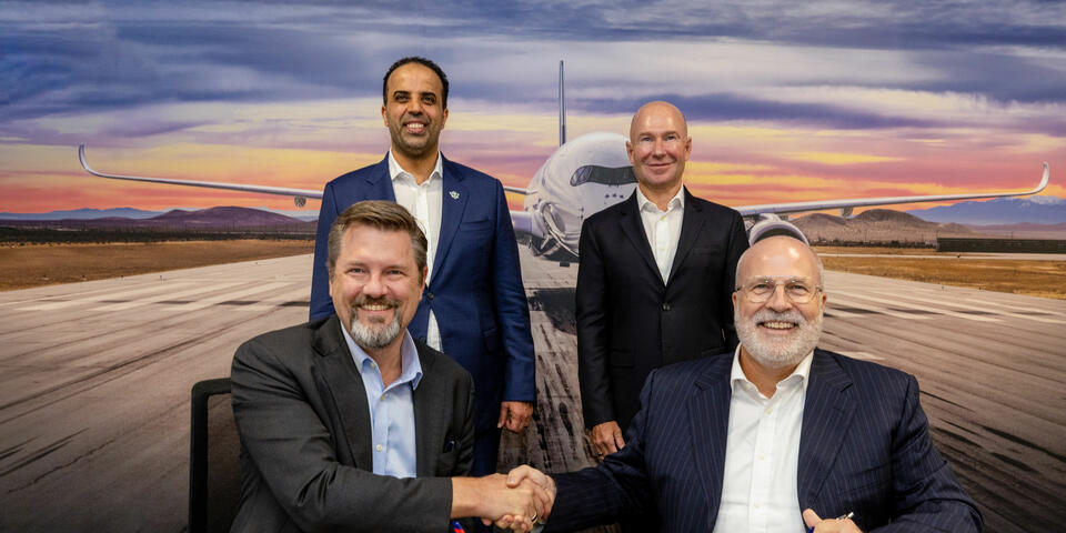 Delta and Saudia leaders during the signing ceremony for their strategic partnership. Back row, from left to right: Ibrahim Al-Omar, Director General (Saudia Group); Alain Bellemare, E.V.P. and President - International (Delta). Front row, from left to right: Arved Von Zur Muehlen, Chief Commercial Officer (Saudia); Perry Cantarutti, S.V.P. - Alliances & International (Delta).