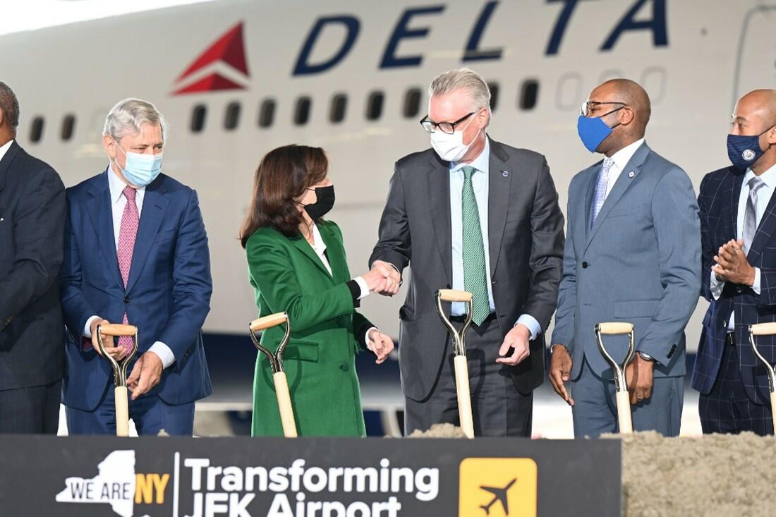 Ed Bastian joins New York officials at JFK.