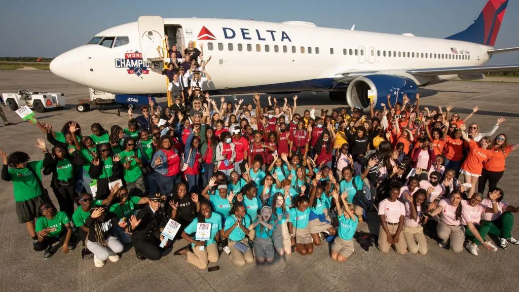 In honor of International Girls in Aviation Day, 130 girls ages 12-18 took flight on a Delta aircraft piloted, staffed and crewed entirely by women as they learned about careers in aviation and aerospace. 