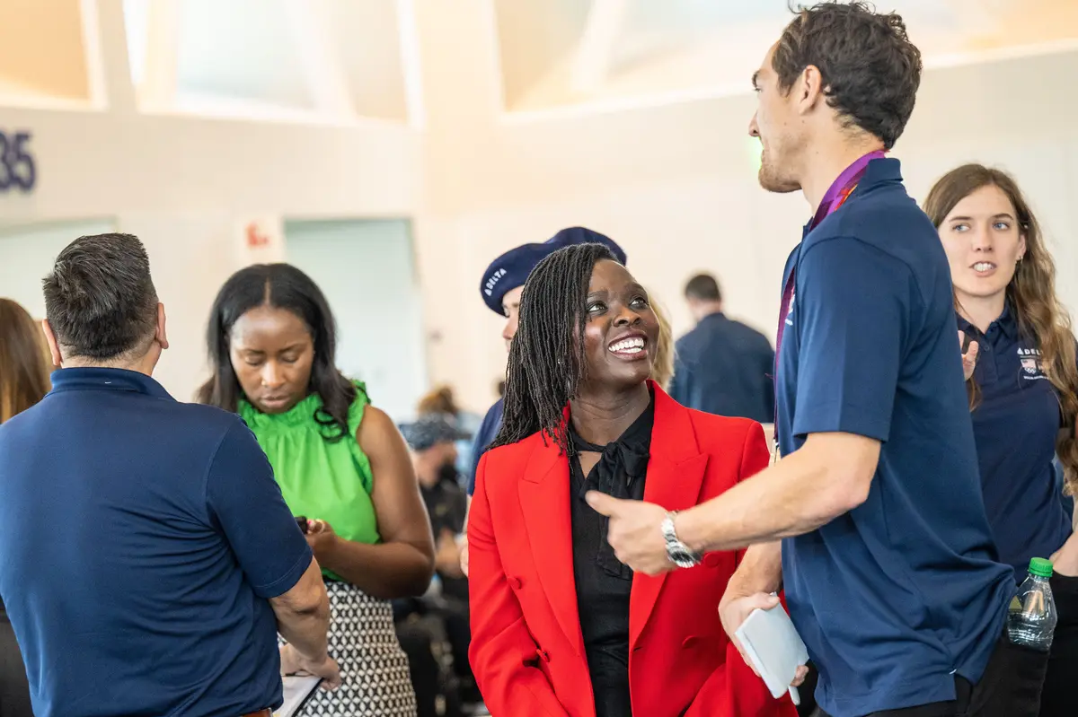 Delta people, customers and friends celebrate the departure of Delta Flight 290 from Los Angeles International Airport (LAX) to Paris Charles de Gaulle Airport (CDG).