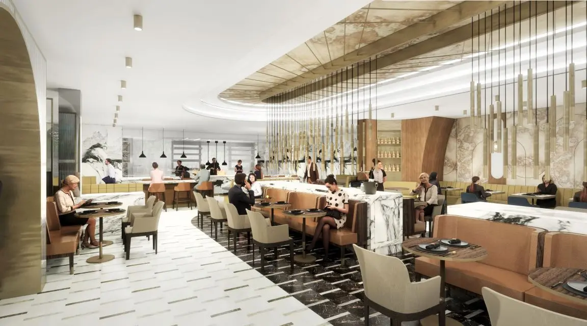 A rendering of the eating space at the new JFK Premium Lounge