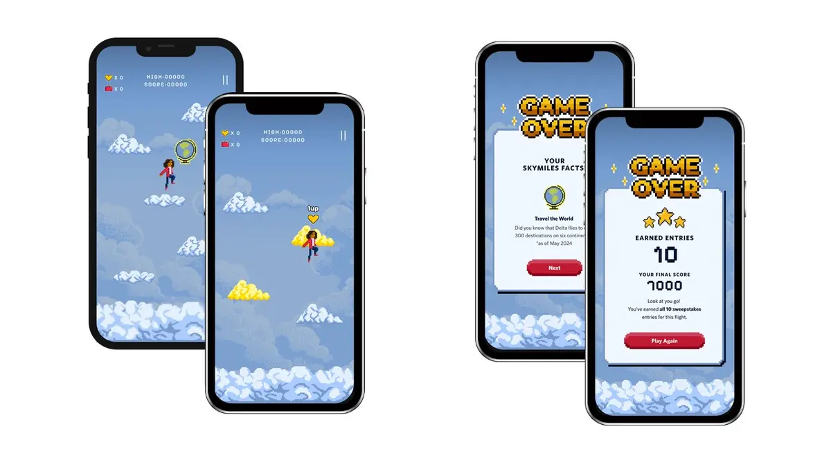 The game screens for Delta's new Sky Hopper game, available onboard for Delta SkyMiles Members through Delta Sync Wi-Fi.
