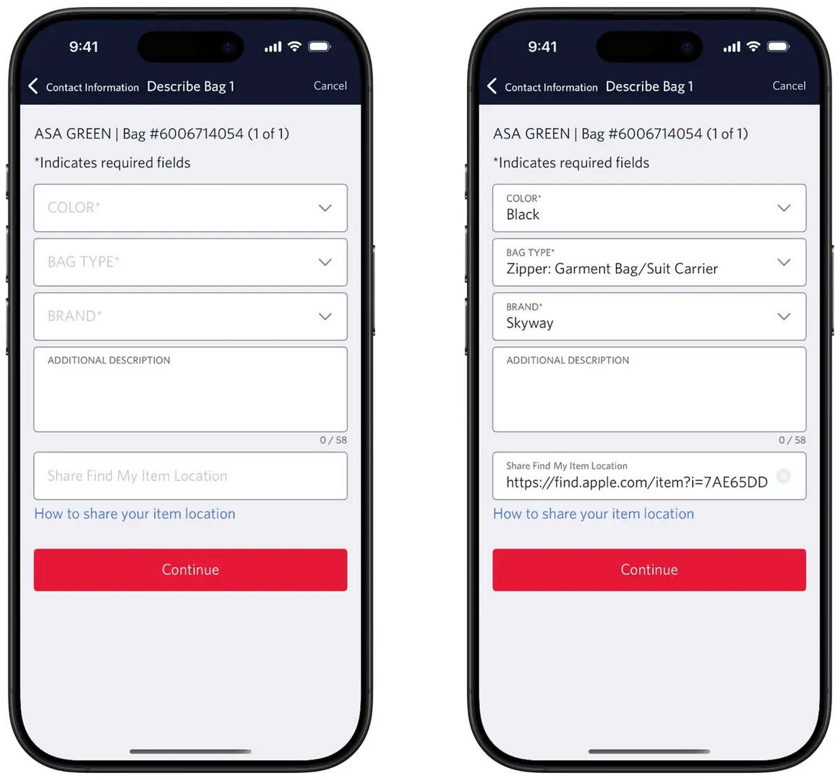 iPhone screens showing fields to generate a Share Item Location link