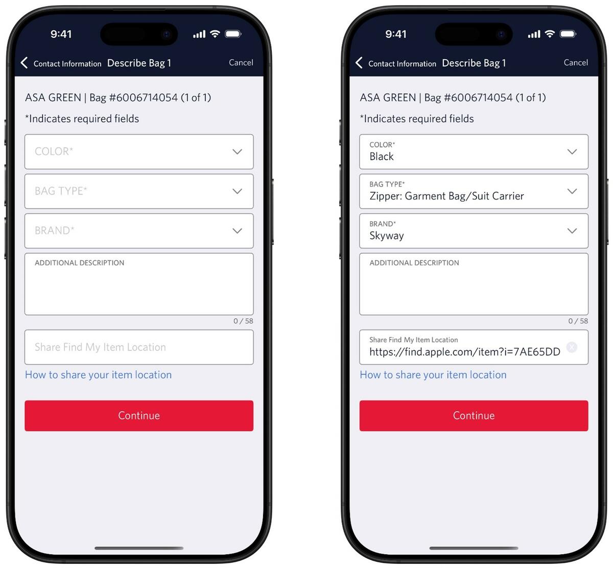 iPhone screens showing fields to generate a Share Item Location link