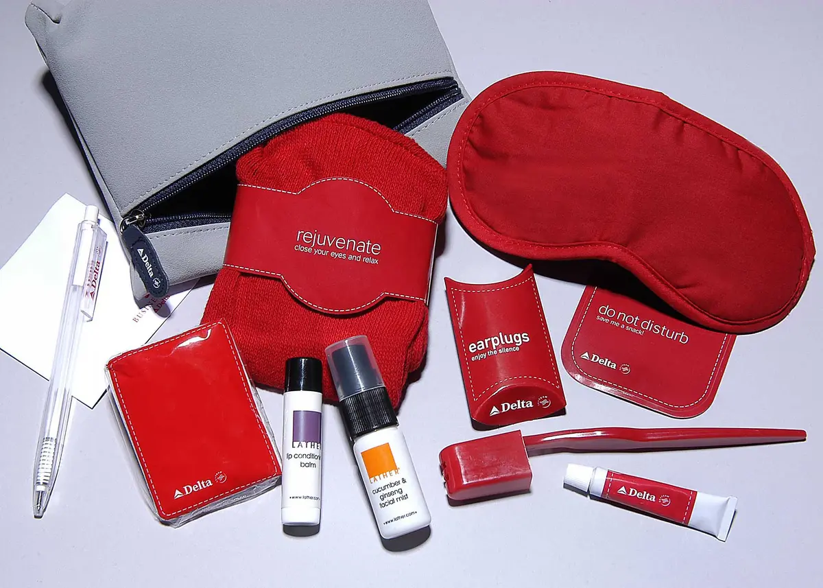 A Delta amenity kit from 2006 and its contents
