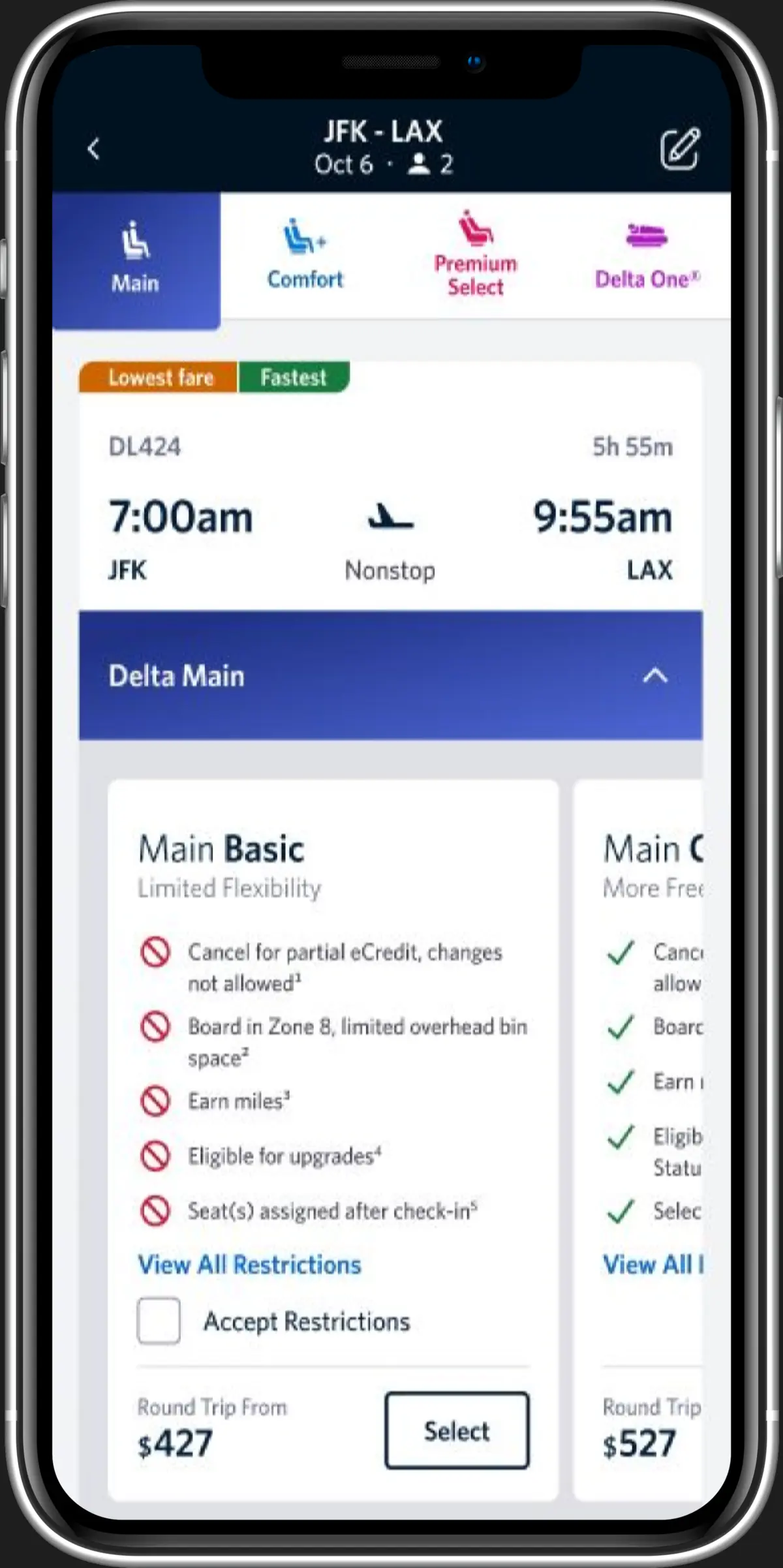 Example screenshot of Delta app showing Basic level of Main service