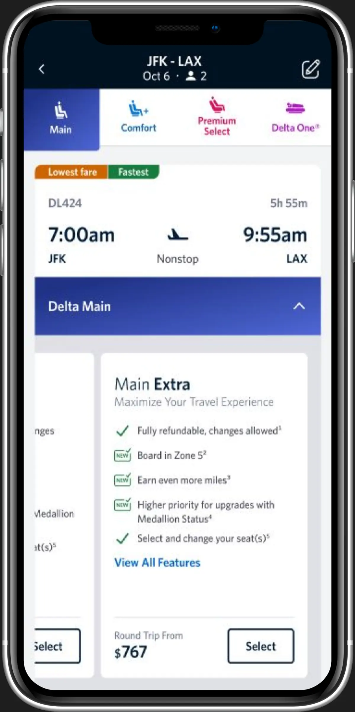 Example screenshot of Delta app showing Extra level of Main service