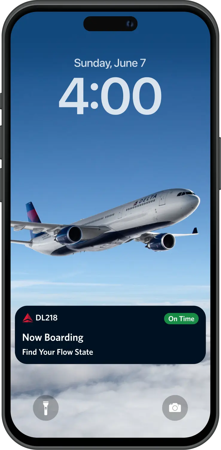Smartphone lock screen showing a Delta airplane in flight with a notification reading “DL218 Now Boarding,” marked “On Time,” and the time displayed as 4:00 on Sunday, June 7.