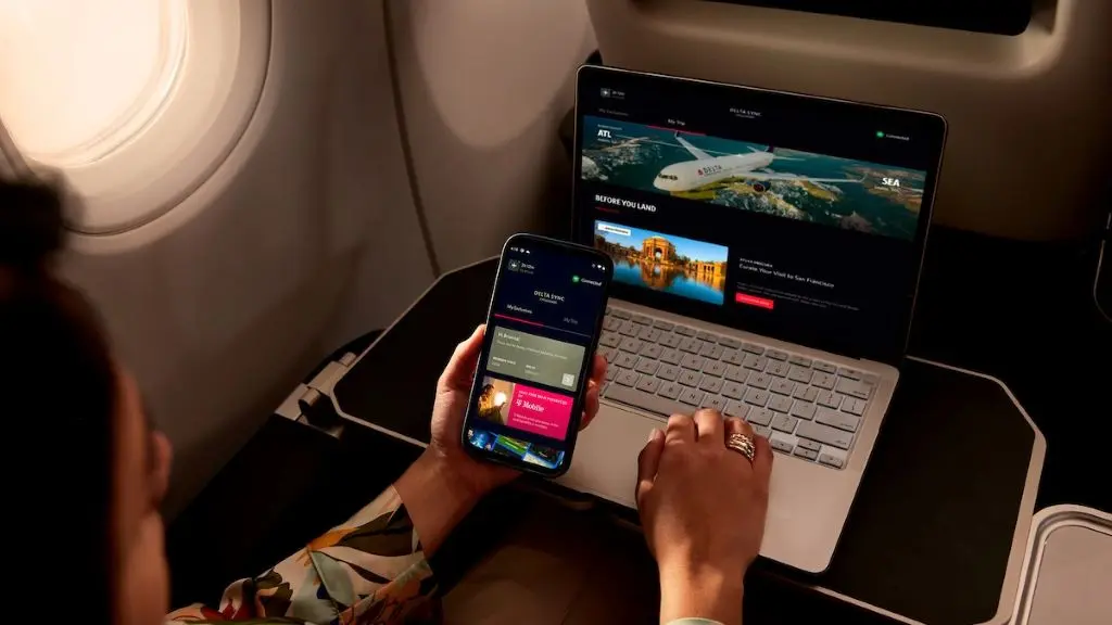 A Delta customer accesses Delta Sync using Delta's free Wi-Fi.