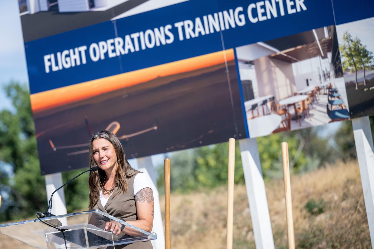Salt Lake City Mayor Erin Mendenhall speaks at the groundbreaking of Delta's&nbsp;new pilot training facility in its key Mountain West hub, Salt Lake City.